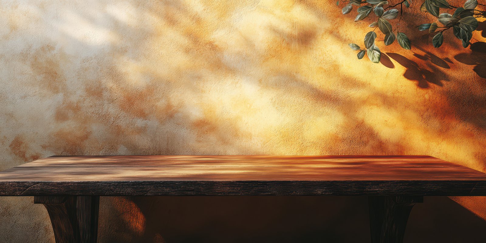 Wooden table against warm textured wall with soft shadows from foliage in an outdoor setting during golden hour light
